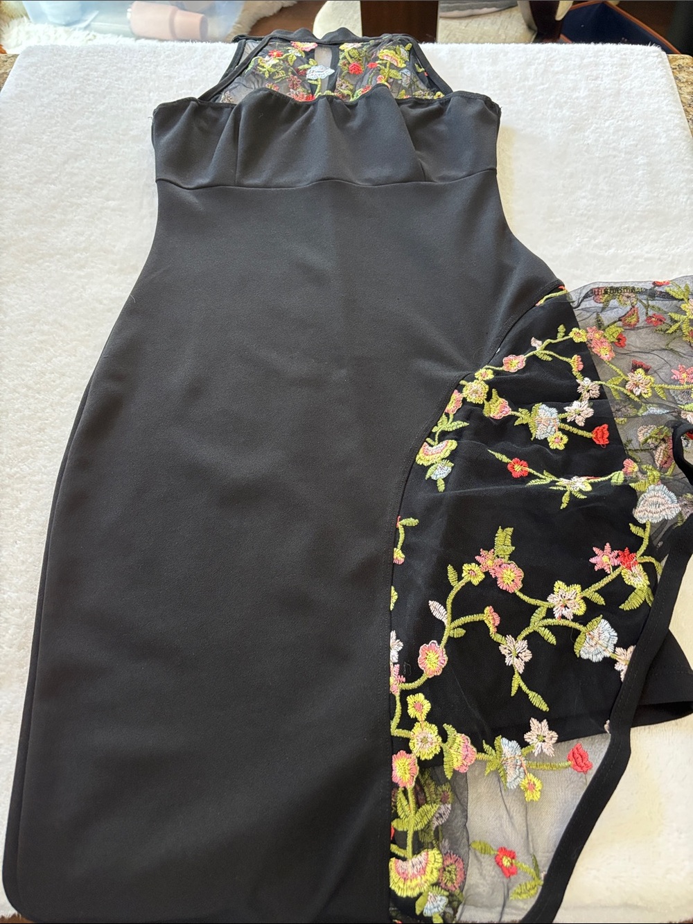 Black Dress with Floral Embroidered Mesh Panel